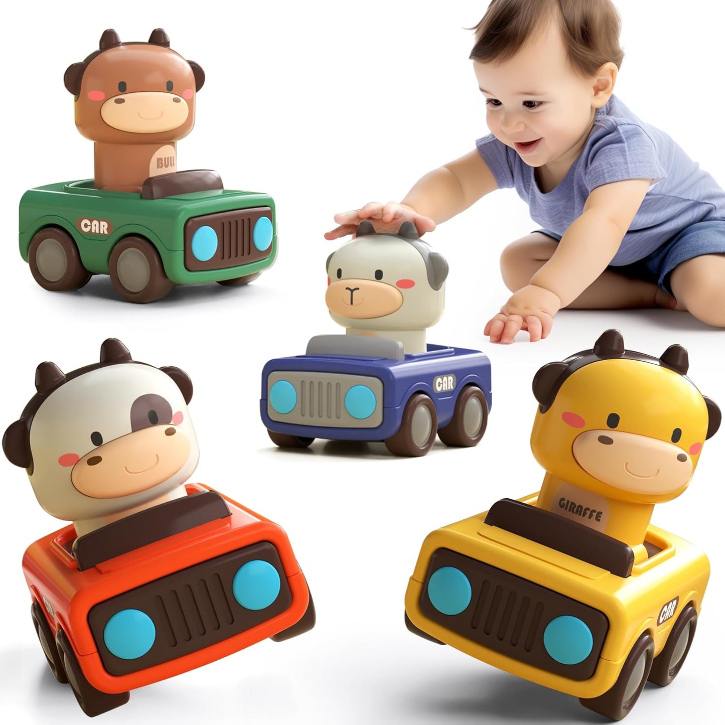Press to Go Car Toys for Toddlers 1-3, Baby Animal Racing Cars,