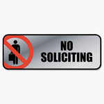 Brushed Metal Office Sign, No Soliciting, 9 x 3, Silver/Red