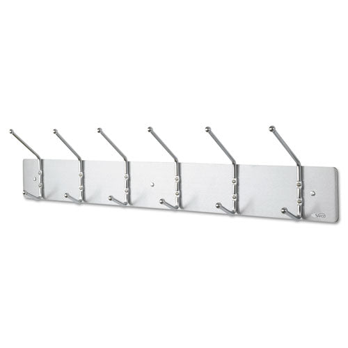 Metal Wall Rack, Six Ball-Tipped Double-Hooks, Metal, 36w x 3.75d x 7h, Satin