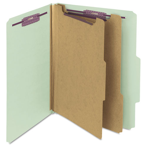 Pressboard Classification Folders, Six SafeSHIELD Fasteners, 2/5-Cut Tabs, 2 Dividers, Letter Size, Gray-Green, 10/Box