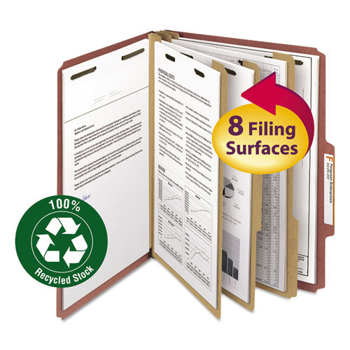 Recycled Pressboard Classification Folders, 3" Expansion, 3 Dividers, 8 Fasteners, Letter Size, Red Exterior, 10/Box