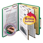 Six-Section Pressboard Top Tab Classification Folders, Six SafeSHIELD Fasteners, 2 Dividers, Letter Size, Green, 10/Box