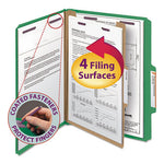 Four-Section Pressboard Top Tab Classification Folders, Four SafeSHIELD Fasteners, 1 Divider, Letter Size, Green, 10/Box