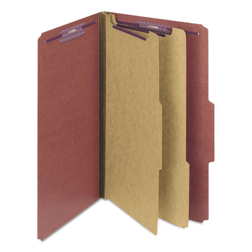 Pressboard Classification Folders, Six SafeSHIELD Fasteners, 2/5-Cut Tabs, 2 Dividers, Legal Size, Red, 10/Box