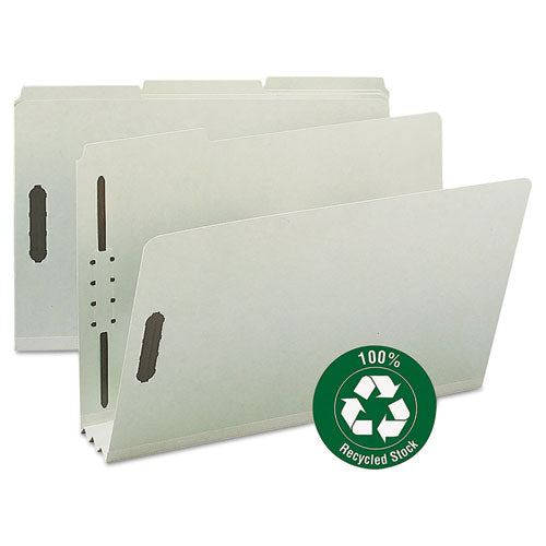 Recycled Pressboard Fastener Folders, 3" Expansion, 2 Fasteners, Legal Size, Gray-Green Exterior, 25/Box