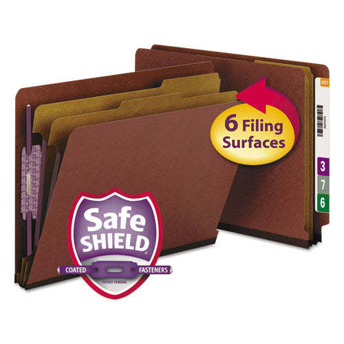 End Tab Pressboard Classification Folders, Six SafeSHIELD Fasteners, 2" Expansion, 2 Dividers, Letter Size, Red, 10/Box