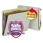 End Tab Pressboard Classification Folders, Four SafeSHIELD Fasteners, 2" Expansion, 1 Divider, Letter Size, Gray-Green, 10/BX