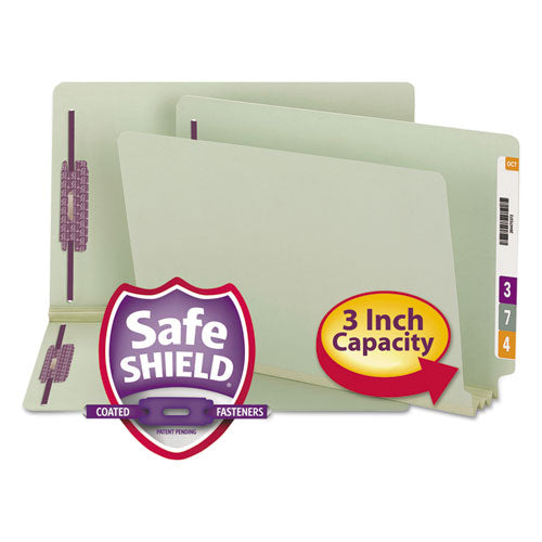 End Tab Pressboard Classification Folders, Two SafeSHIELD Coated Fasteners, 3" Expansion, Legal Size, Gray-Green, 25/Box