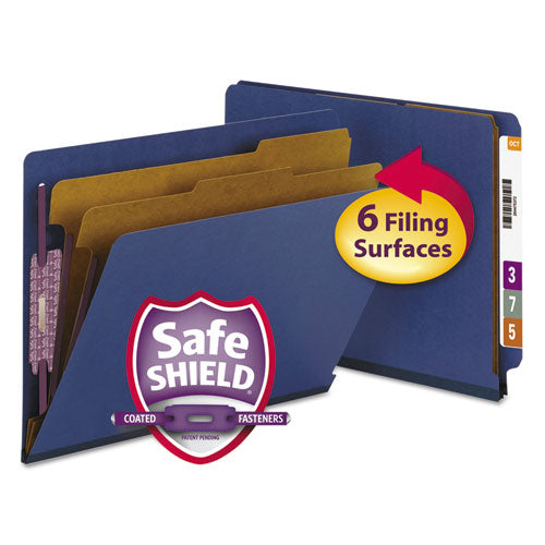 End Tab Pressboard Classification Folders, Six SafeSHIELD Fasteners, 2" Expansion, 2 Dividers, Letter Size, Dark Blue, 10/Box