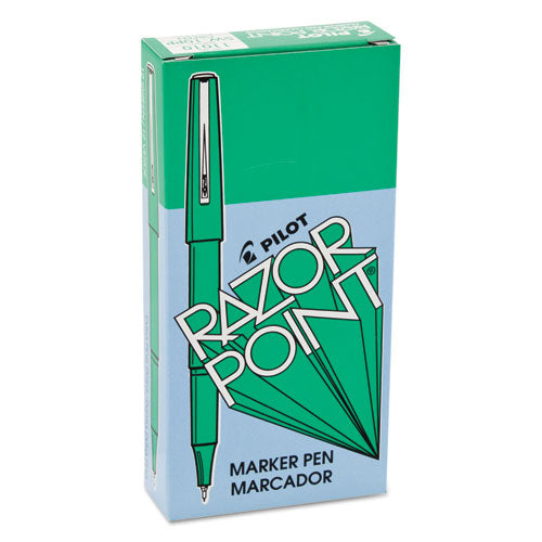 Razor Point Fine Line Porous Point Pen, Stick, Extra-Fine 0.3 mm, Green Ink, Green Barrel, Dozen