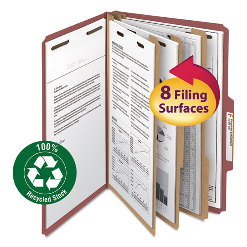 Recycled Pressboard Classification Folders, 3" Expansion, 3 Dividers, 8 Fasteners, Legal Size, Red Exterior, 10/Box