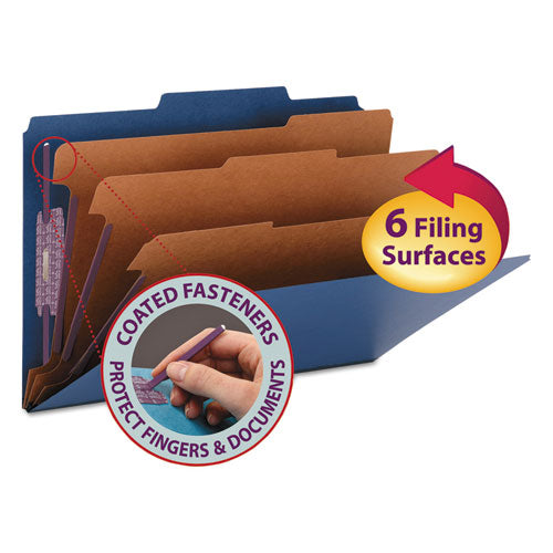 Eight-Section Pressboard Top Tab Classification Folders, 8 SafeSHIELD Fasteners, 3 Dividers, Legal Size, Dark Blue, 10/Box