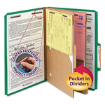 6-Section Pressboard Top Tab Pocket Classification Folders, 6 SafeSHIELD Fasteners, 2 Dividers, Legal Size, Green, 10/Box