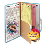 6-Section Pressboard Top Tab Pocket Classification Folders, 6 SafeSHIELD Fasteners, 2 Dividers, Legal Size, Blue, 10/Box