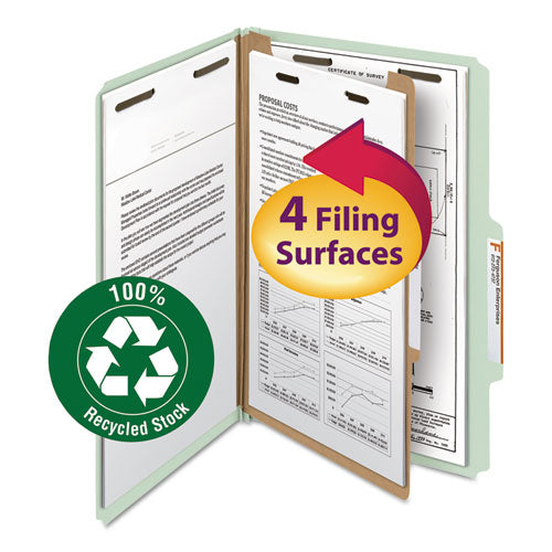 Recycled Pressboard Classification Folders, 2" Expansion, 1 Divider, 4 Fasteners, Legal Size, Gray-Green, 10/Box