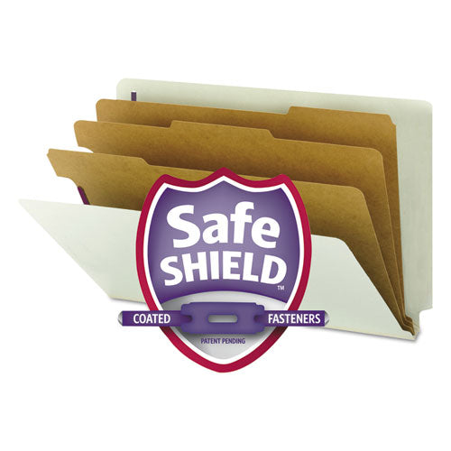 End Tab Pressboard Classification Folders, Eight SafeSHIELD Fasteners, 3" Expansion, 3 Dividers, Legal Size, Gray-Green,10/BX