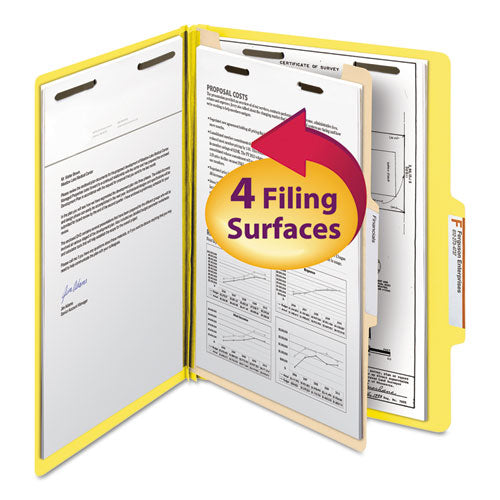 Top Tab Classification Folders, Four SafeSHIELD Fasteners, 2" Expansion, 1 Divider, Letter Size, Yellow Exterior, 10/Box