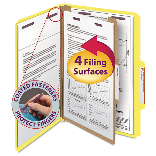 Four-Section Pressboard Top Tab Classification Folders, Four SafeSHIELD Fasteners, 1 Divider, Legal Size, Yellow, 10/Box