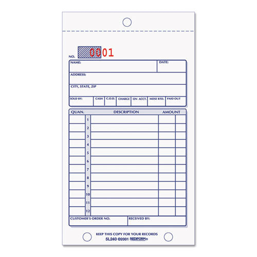 Sales Book, 12 Lines, Two-Part Carbonless, 3.63 x 6.38, 50 Forms Total