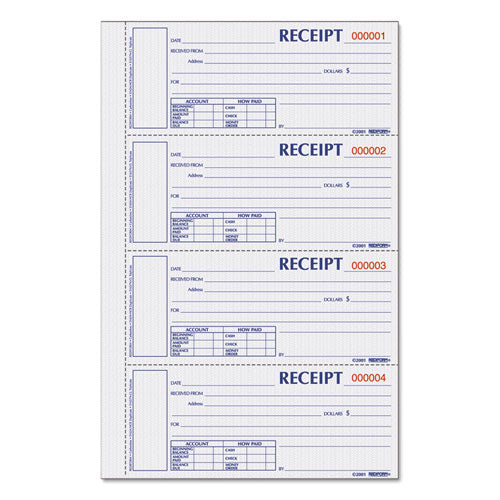 Durable Hardcover Numbered Money Receipt Book, Three-Part Carbonless, 6.88 x 2.75, 4 Forms/Sheet, 200 Forms Total