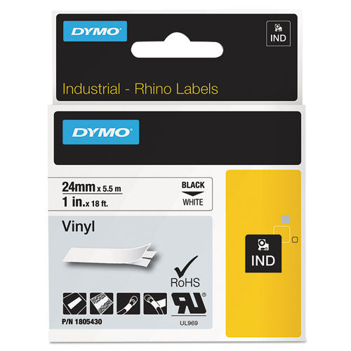 Rhino Permanent Vinyl Industrial Label Tape, 1" x 18 ft, White/Black Print