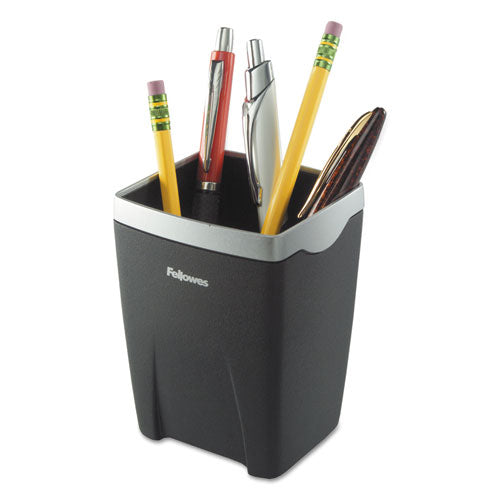 Office Suites Divided Pencil Cup, Plastic, 3.13 x 3.13 x 4.25, Black/Silver