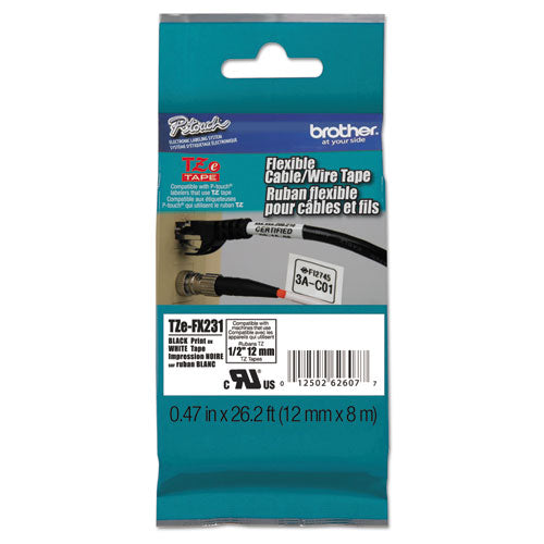 TZe Flexible Tape Cartridge for P-Touch Labelers, 0.47" x 26.2 ft, Black on White