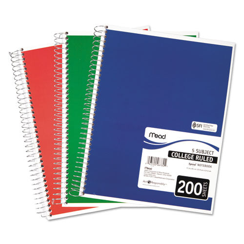 Spiral Notebook, 5-Subject, Medium/College Rule, Randomly Assorted Cover Color, (200) 11 x 8 Sheets