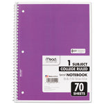 Spiral Notebook, 3-Hole Punched, 1-Subject, Medium/College Rule, Randomly Assorted Cover Color, (70) 10.5 x 7.5 Sheets