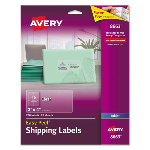 Matte Clear Easy Peel Mailing Labels w/ Sure Feed Technology, Inkjet Printers, 2 x 4, Clear, 10/Sheet, 25 Sheets/Pack