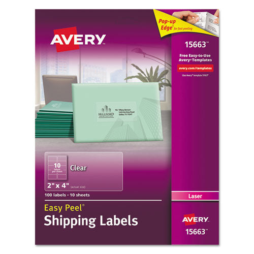 Matte Clear Easy Peel Mailing Labels w/ Sure Feed Technology, Laser Printers, 2 x 4, Clear, 10/Sheet, 10 Sheets/Pack