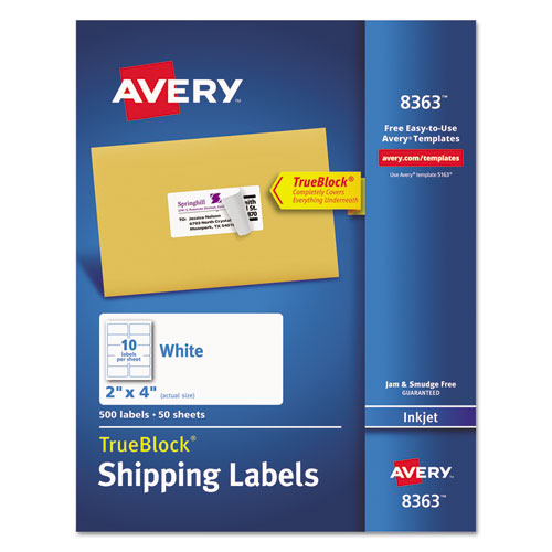 Shipping Lels w/ TrueBlock Technology, Inkjet Printers, 2 x 4, White, 10/Sheet, 50 Sheets/Box