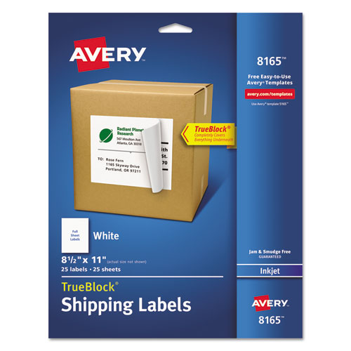 Shipping Labels with TrueBlock Technology, Inkjet Printers, 8.5 x 11, White, 25/Pack