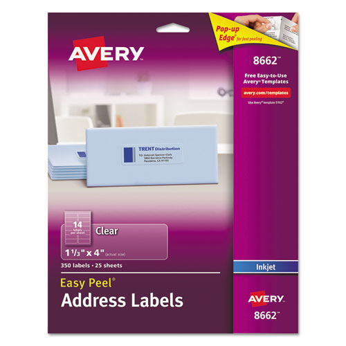 Matte Clear Easy Peel Mailing Labels w/ Sure Feed Technology, Inkjet Printers, 1.33 x 4, Clear, 14/Sheet, 25 Sheets/Pack