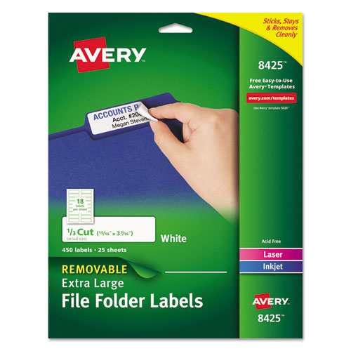 Removable File Folder Labels with Sure Feed Technology, 0.94 x 3.44, White, 18/Sheet, 25 Sheets/Pack