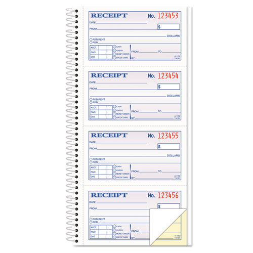 Spiralbound Money and Rent Receipt Book, Two-Part Carbonless, 4.75 x 2.75, 4 Forms/Sheet, 200 Forms Total