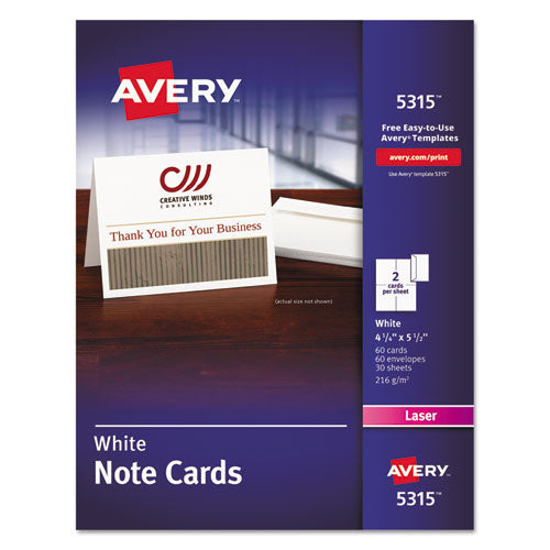 Note Cards with Matching Envelopes, Laser, 80 lb, 4.25 x 5.5, Uncoated White, 60 Cards, 2 Cards/Sheet, 30 Sheets/Pack