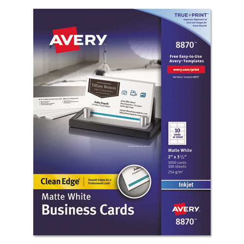 True Print Clean Edge Business Cards, Inkjet, 2 x 3.5, White, 1,000 Cards, 10 Cards/Sheet, 100 Sheets/Box