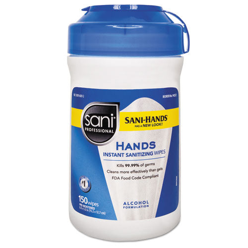 Hands Instant Sanitizing Wipes, 6 x 5, Unscented, White, 150/Canister, 12 Canisters/Carton