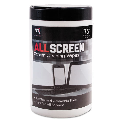 AllScreen Screen Cleaning Wipes, 1-Ply, 6 x 6, Unscented, White, 75/Tub