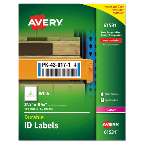 Durable Permanent ID Labels with TrueBlock Technology, Laser Printers, 3.25 x 8.38, White, 3/Sheet, 50 Sheets/Pack