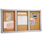Enclosed Indoor Cork Bulletin Board with Three Hinged Doors, 72 x 36, Tan Surface, Silver Aluminum Frame