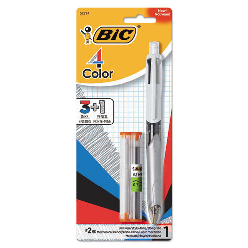 4-Color 3 + 1 Multi-Color Ballpoint Pen/Pencil, Retractable, 1 mm Pen/0.7 mm Pencil, Black/Blue/Red Ink, Gray/White Barrel