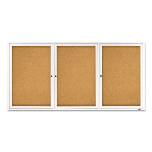 Enclosed Indoor Cork Bulletin Board with Three Hinged Doors, 72 x 36, Tan Surface, Silver Aluminum Frame