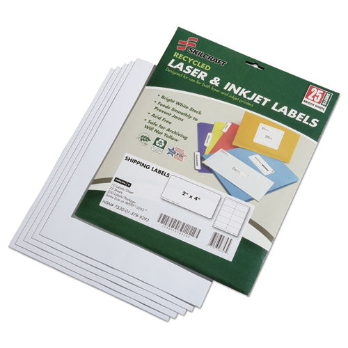 7530015789293 SKILCRAFT Recycled Laser and Inkjet Lels, Inkjet/Laser Printers, 2 x 4, White, 10/Sheet, 25 Sheets/Pack