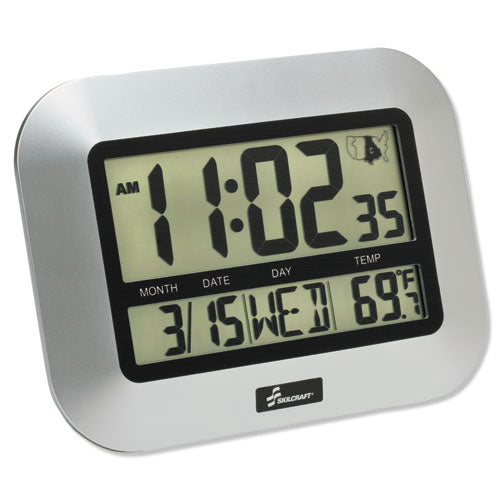 6645016611877 SKILCRAFT LCD Digital Radio-Controlled Clock, 7.25" x 9.75", Silver Case, 2 AAA (sold separately)