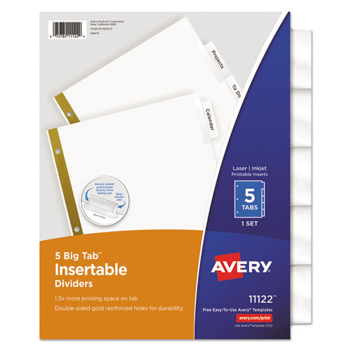 Insertable Big Tab Dividers, 5-Tab, Double-Sided Gold Edge Reinforcing, 11 x 8.5, White, Clear Tabs, 1 Set