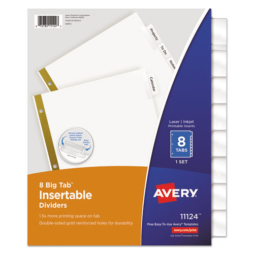 Insertable Big Tab Dividers, 8-Tab, Double-Sided Gold Edge Reinforcing, 11 x 8.5, White, Clear Tabs, 1 Set