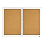 Enclosed Indoor Cork Bulletin Board with Two Hinged Doors, 48 x 36, Tan Surface, Silver Aluminum Frame