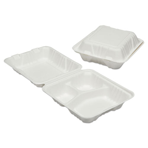 7350016646909, SKILCRAFT Clamshell Hinged Lid ToGo Food Containers, 3 Compartment, 8 x 8 x 3, White, Paper, 200/Box